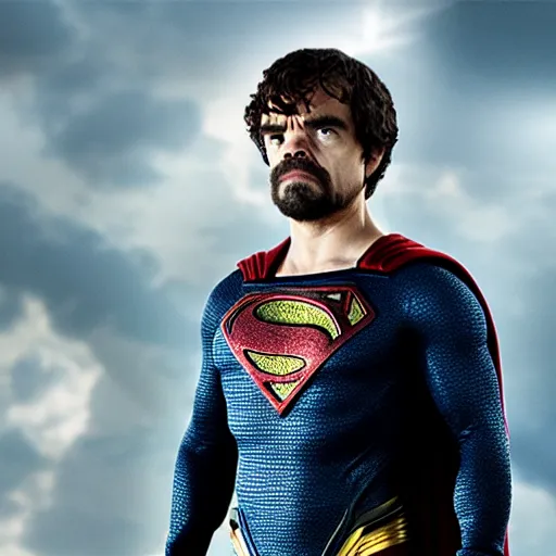 Image similar to stunning awe inspiring peter dinklage as superman, movie still 8 k hdr atmospheric lighting