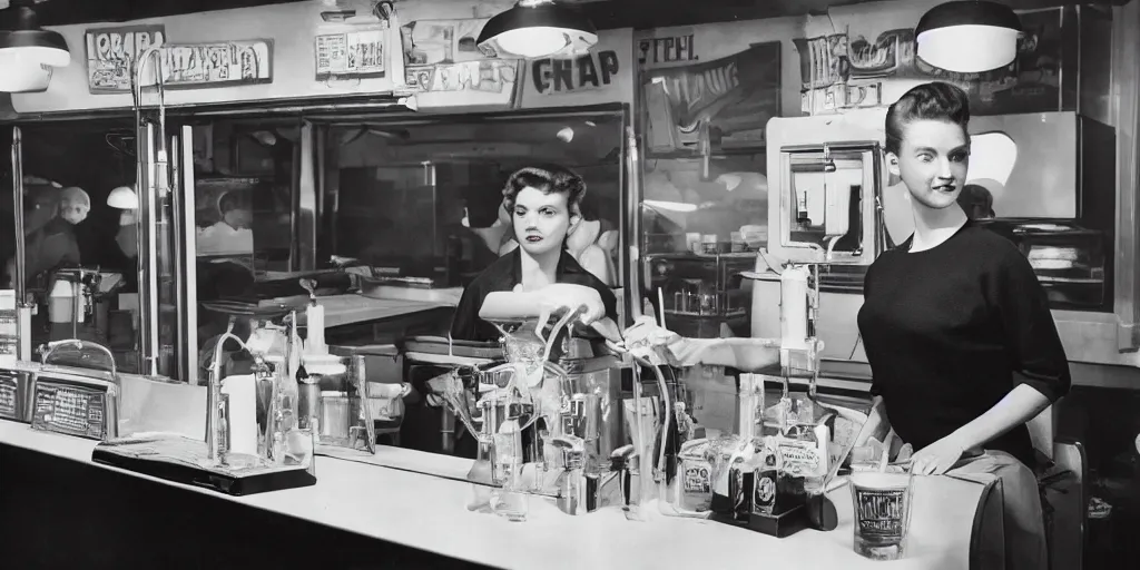 Prompt: detailed sharp photograph in the style of popular science circa 1 9 5 5 and gregory crewdson of a 1 9 5 0 s small town night inside a diner with a teenage girl at the counter drinking a milkshake