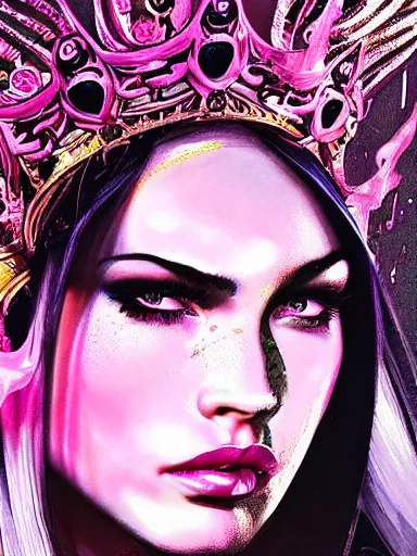 Image similar to pink portrait of young beautiful female angel queen Megan Fox head wearing shiny pink crown, subtle purple accents, hyper details, black metal rococo, sculpted by Alex Alice, Craig Mullins, yoji shinkawa, trending on artstation, beautifully lit, Peter mohrbacher, hyper detailed, insane details, intricate, elite, elegant, luxury, ray of light through smoke, CGsociety, hypermaximalist, golden ratio, background urban cityscape, night, neofuture, volumetric, octane render, weta digital, micro details, 3d sculpture