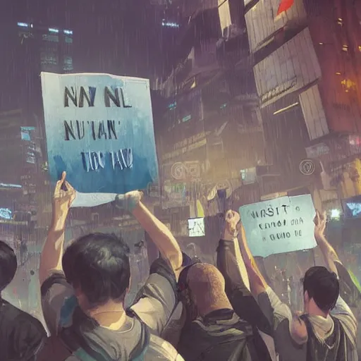 Prompt: protesters holding placards, detailed digital illustration by greg rutkowski, cyberpunk, android netrunner