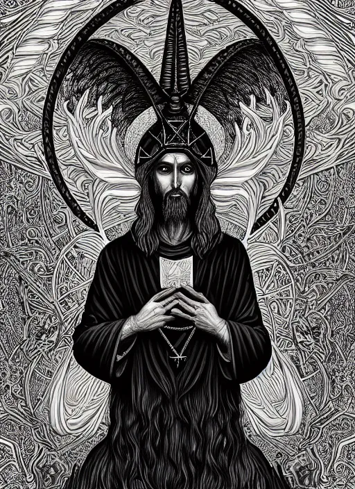 Image similar to hyper detailed ultra sharp orthodox baphomet goat jesus icon, occult, sardonic man, piercing gaze, trending on artstation, byzantine aesthetic, doom, religious, sinister, ornate, intricate, digital painting, concept art, smooth, sharp focus, illustration, art by josan gonzalez, greg rutkowski, killian eng and zdizslaw beksinski