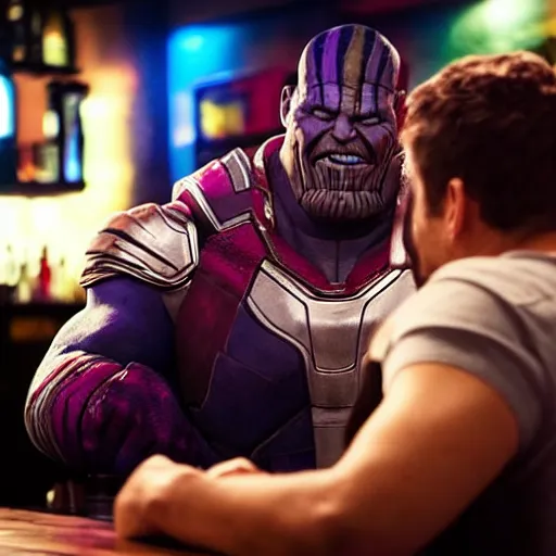 Prompt: a photograph of Adam Sandler arm wrestling Thanos in a bar. Dimly lit, a crowd is watching, emotional faces, realistic, grimy atmosphere