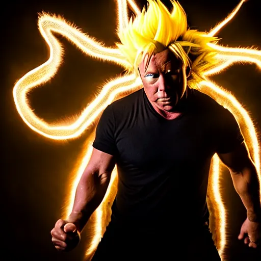 Image similar to uhd candid photo of alex jones as a super sayian, glowing, global illumination, studio lighting, radiant light, detailed, intricate costume. photo by annie leibowitz