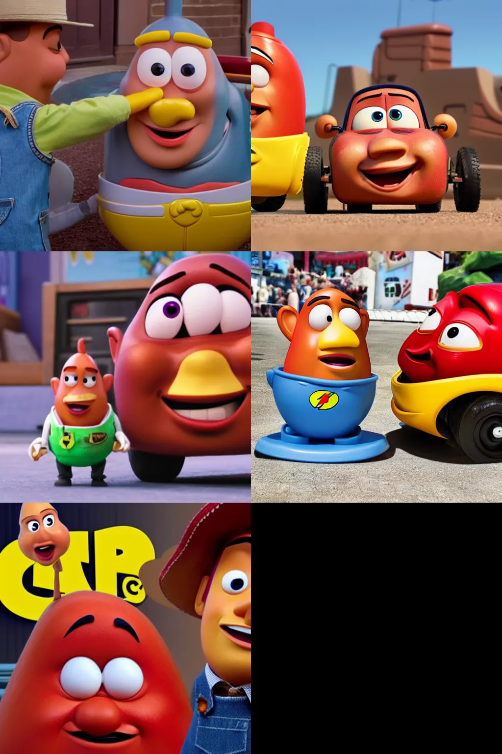 Prompt: mister potato head from the toy story 4 movie in 2019 insulting lightning mcqueen from disney pixar cars movie