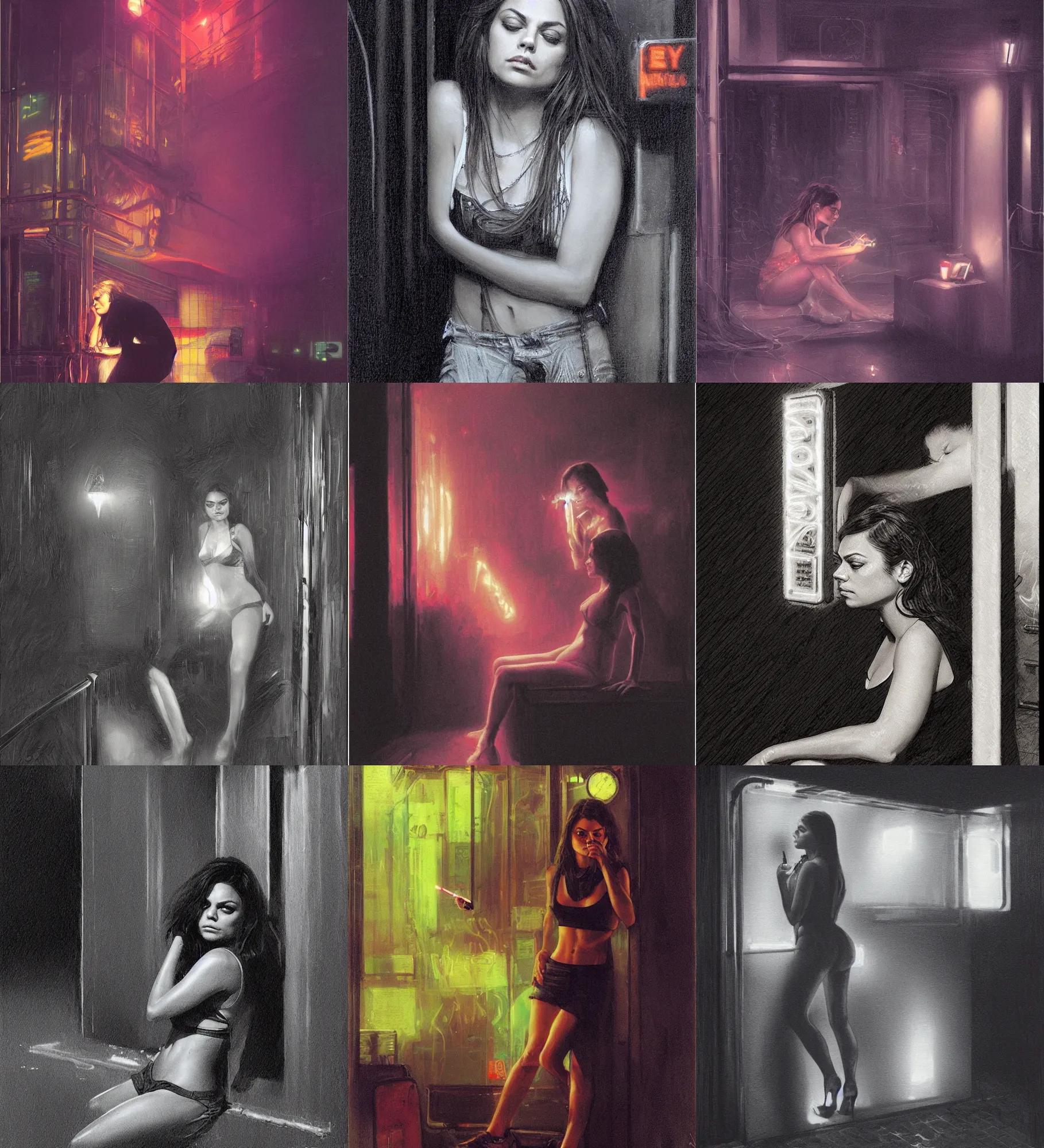 Image similar to foggy neon night, mila kunis leaning back against a wall smoking a cigarette outside a neon lit entrance, 1 9 7 0 s, intricate, moody, tasteful, intimate, highly detailed, short focus depth, artgerm, donato giancola, joseph christian leyendecker