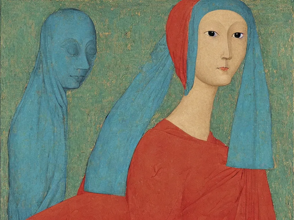 Image similar to portrait of a woman buddhist deity head with niqab. night, comet. lapis - lazuli, turquoise, malachite, cinnabar, earth brown. painting by piero della francesca, balthus, agnes pelton