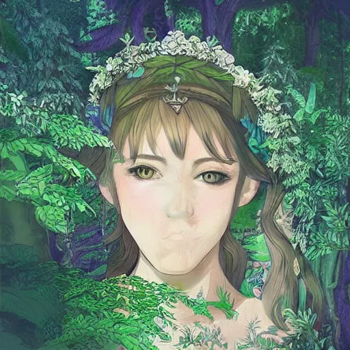 Image similar to “portrait of a pretty goddess in a magical forest, beautiful, highly detailed, photoshop, digital art, ghibli”