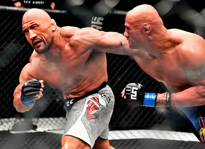 Image similar to dwayne the rock johnson knocking out an opponent in the ufc, 4 k, photorealistic