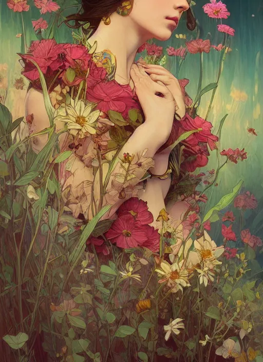 Image similar to isolated flowers with strong dark comic outlines, colorful, psychedelic, intricate, elegant, highly detailed, digital painting, artstation, concept art, smooth, sharp focus, illustration, art by artgerm and greg rutkowski and alphonse mucha