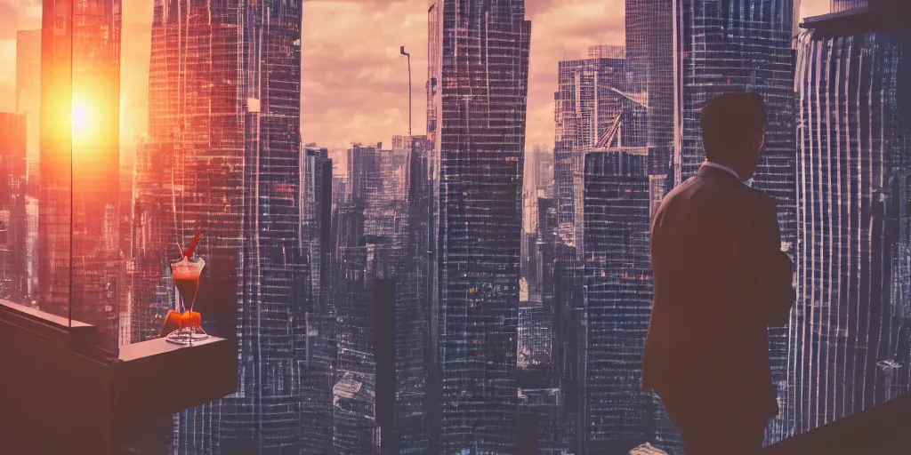 Prompt: a man holding a cocktail looking through the window of a skyscraper over looking a futuristic city, golden hour, cinematic lighting, depth of field, bokeh, blade runner