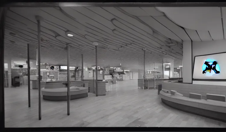 Prompt: The interior of a McDonalds designed by Constantin Brancusi, 35mm film, long shot