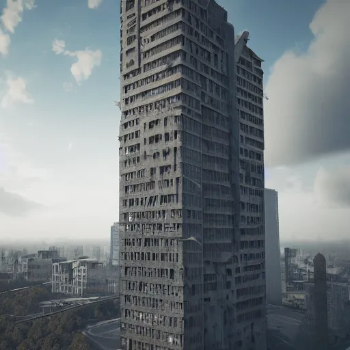 Image similar to in a city with a rich history, the communist building stands in the middle, brutalism, highly detailed, cinematic landscape ， octane render ， trending on artstation,