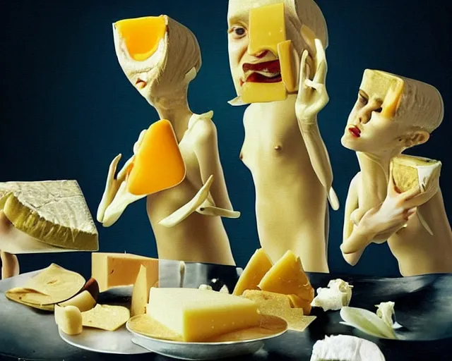 Prompt: incredible strange absurd closeup artwork of androids tasting cheese, finding it very weird but yet tasteful at the same time, weird tasting ritual of cheese products in the style of tim walker fashion photography, also some soft cheese