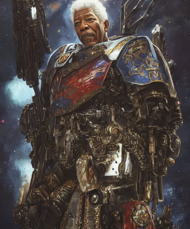 Image similar to morgan freeman as warhammer 4 0 k space marine chaplain, portrait, fantasy, intricate, elegant, highly detailed, digital painting, artstation, concept art, smooth, sharp focus, illustration, art by artgerm and greg rutkowski and alphonse mucha