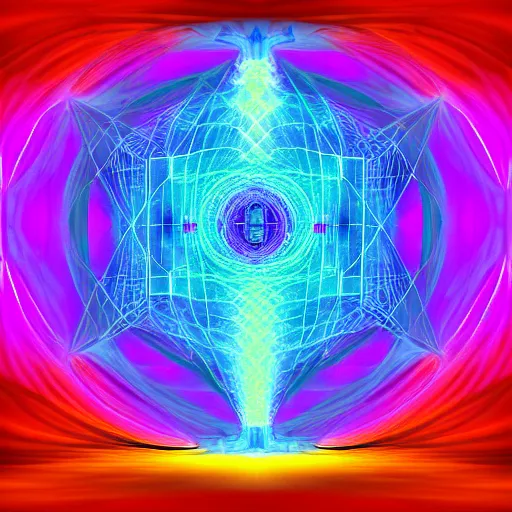 Prompt: divine feminine goddess descending down a hallway of light inside a fractal hypercube