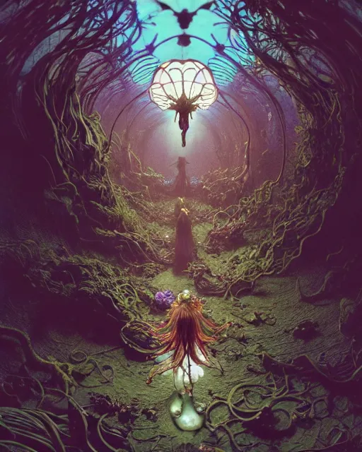 Image similar to the platonic ideal of flowers, rotting, insects and praying of cletus kasady carnage davinci dementor chtulu mandelbulb ponyo alice in wonderland dinotopia watership down botw, fantasy, ego death, decay, dmt, psilocybin, concept art by greg rutkowski and simon stalenhag and alphonse mucha