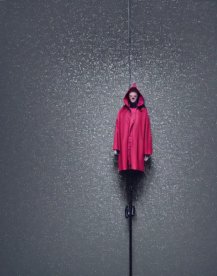 Image similar to close - up portrait of an empty slick fashionable zara raincoat floating suspended mid - air on a glittering wet rainy display designed by james terrell, wes anderson, felipe pantone, symmetry, rule of thirds