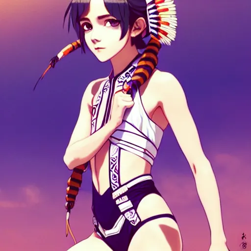 Image similar to a beautiful boyish emma watson alluring instagram model, wearing elaborate japanese hiphop leotard outfit with mayan pattern and native fashion, aztec street fashion bathing suit, jrpg fashion, gapmoe yandere grimdark, trending on pixiv fanbox, painted by greg rutkowski makoto shinkai takashi takeuchi studio ghibli, akihiko yoshida