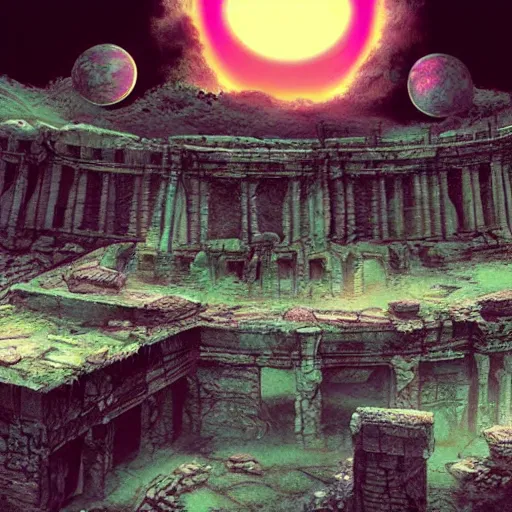 Image similar to ancient ruins in the moon, retrowave epic art, trending on art station