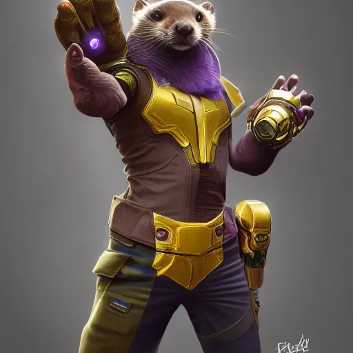 Prompt: A ferret has the Infinity Gauntlet, hyperdetailed, artstation, cgsociety, 8k