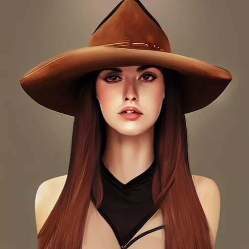 Image similar to portrait of a young woman, long dark hair and an angular face with a scar across the chin. cowboy hat, daring and bold, con - artist and spy, beautiful, rpg, dnd, artgerm