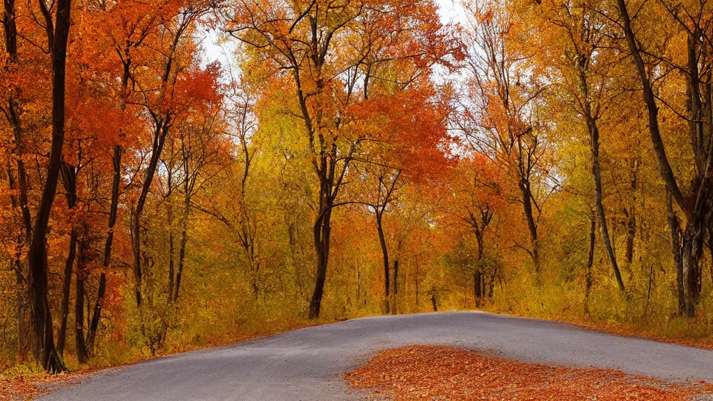 Prompt: a realistic photograph of a country road lined on both sides by maple and poplar trees, in the autumn, red orange and yellow leaves, some leaves have fallen and are under the trees and on the!!!! road