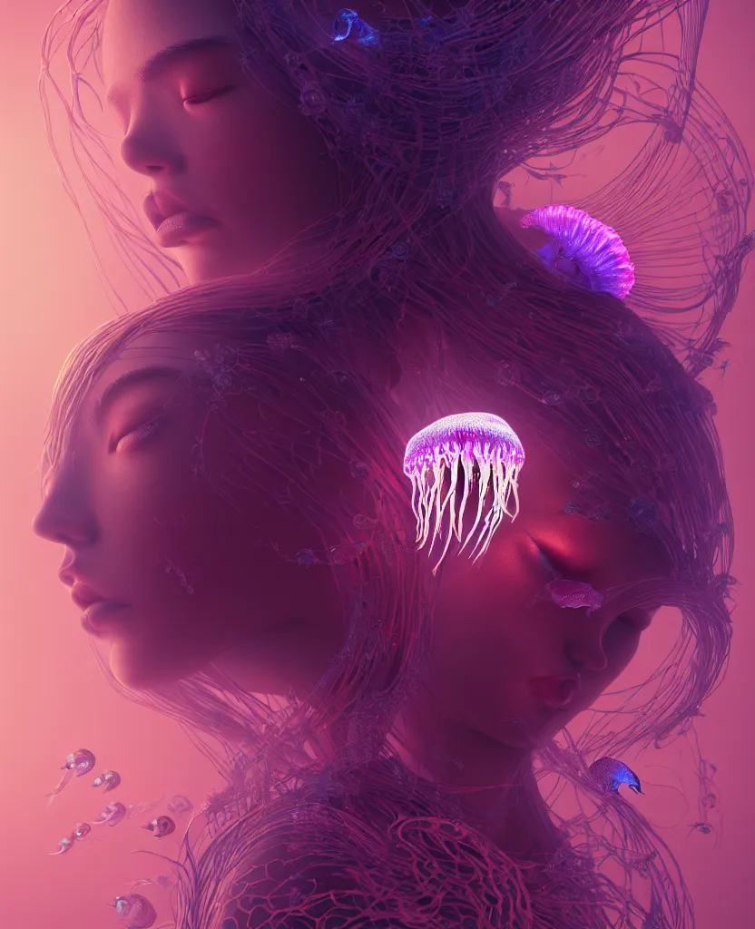 Image similar to goddess close-up portrait. orchid jellyfish phoenix head, nautilus, skull, betta fish, bioluminiscent creatures, intricate artwork by Tooth Wu and wlop and beeple. octane render, trending on artstation, greg rutkowski very coherent symmetrical artwork. cinematic, hyper realism, high detail, octane render, 8k