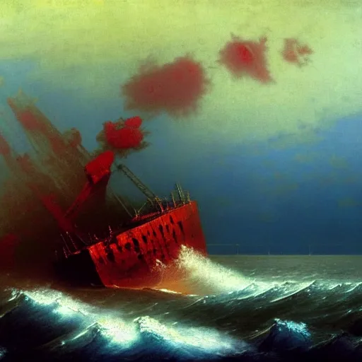 Image similar to bloody ocean, rusted iron ship sinking in red blood ocean, by Ivan Aivazovsky, junji ito, hd 8k