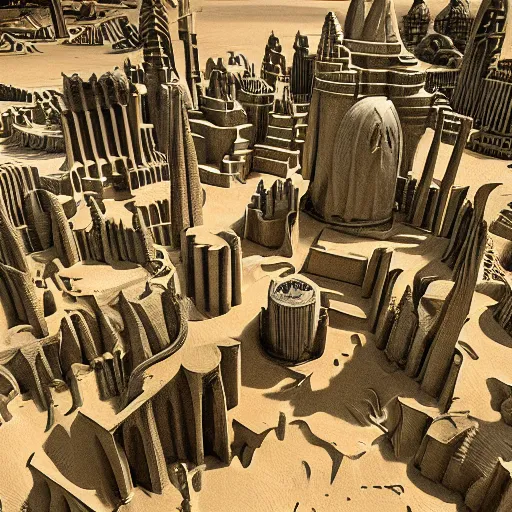 Image similar to cover concept art of the lost sand city, levitating sand, golden towers, golden pillars, palm trees, space and time, floating objects, post-processing, in the style of Hugh Ferriss, Behance, Artgerm. High detail, ultra realistic render, octane, 3D, photorealism, symmetric, cinematic