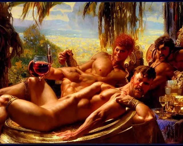 Image similar to ares drinks wine with hercules, painting by gaston bussiere, craig mullins, j. c. leyendecker, tom of finland