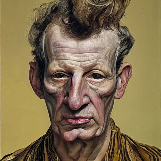 Image similar to high quality high detail painting by lucian freud, hd, portrait of a man covered with multiple eyes, photorealistic lighting