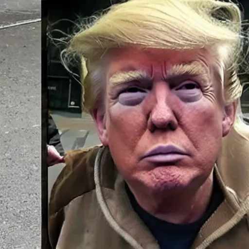 Prompt: donald trump dresses as a homeless man asking for money on the streets, detailed face