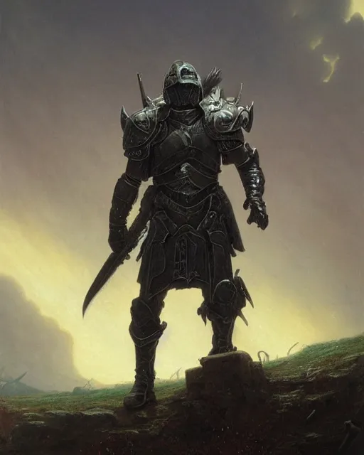 Prompt: a heavily armoured death knight standing in a battlefield of fallen, by thomas cole and wayne barlowe