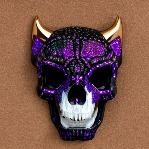 Image similar to opened mouth panther skull with gold teeth and raw gems and crystal inlaid panther skull, exposed in museum, matte black, rose gold, amethyst, high coloration, ambient lightning, focused, highly detailed, 8 k