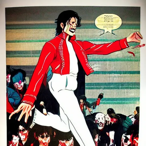 Image similar to glossy old advertising poster, michael jackson moonwalking!!!!! through crowded hong kong street, vendors, zombies, drawn comic by junji ito, pastels, gradient