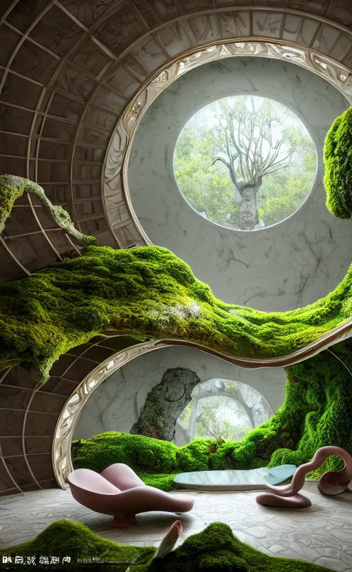 Image similar to highly detailed villa natural beautiful light interior soft cinematic composition of a smooth ceramic porcelain biomorphic magnolia stone nebula fluid sci - fi surreal colorful architecture landscape, furniture, granite, trees, marble, moss, lichen, fungi, vincent callebaut composition, mamou - mani, archviz, 8 k, unreal engine, hdr