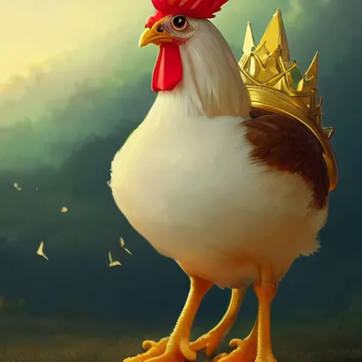 Image similar to a chicken animal wearing a small chicken-sized golden crown on its head. Against a white background. By Makoto Shinkai, Stanley Artgerm Lau, WLOP, Rossdraws, James Jean, Andrei Riabovitchev, Marc Simonetti, krenz cushart, Sakimichan, trending on ArtStation, digital art. Animal photo.