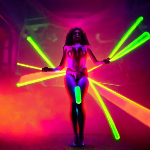 Image similar to full body pose, hyperrealistic photograph of a beautiful rave woman, glowsticks, dim volumetric lighting, 8 k, octane beautifully detailed render, extremely hyper detailed, intricate, epic composition, cinematic lighting, masterpiece, trending on artstation, very very detailed, stunning, hdr, smooth, sharp focus, high resolution, award, winning photo, dslr, 5 0 mm