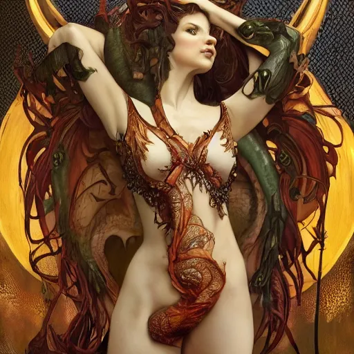 Image similar to 3/4 body portrait of the firedragon queen by artgerm and H R Giger and alphonse mucha, HD, full body dragon concept, flying dragon, Human body with dragon features, beautiful queen, perfect face, perfect body, 10/10 would dream again, fantasy, intricate, elegant, highly detailed, digital painting, artstation, concept art, smooth, sharp focus, illustration, ray tracing, 4k realistic 3d rendered portrait, soft shading, soft colors, relaxed colors, hyperdetailed, wide angle lens, fantasy, futuristic horror, armor style of giger