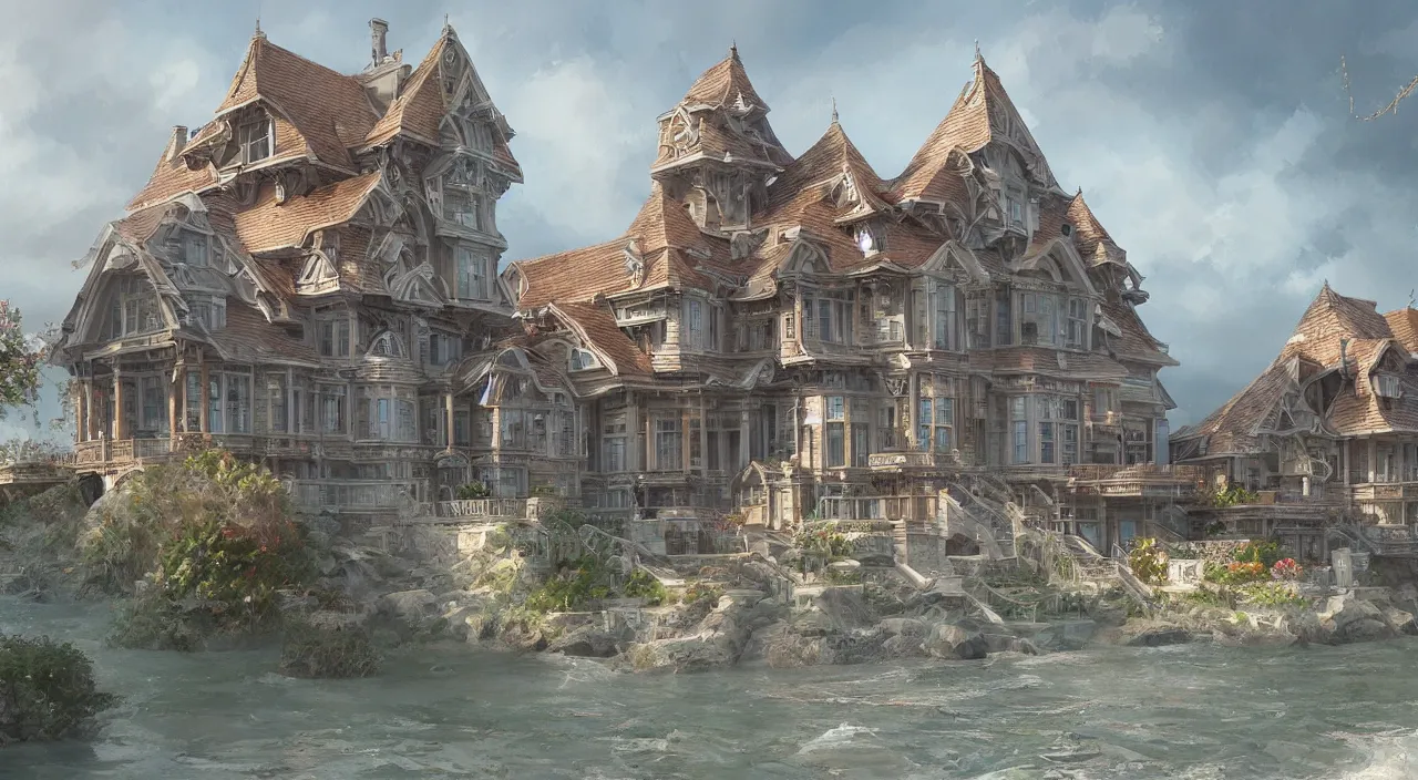 Image similar to a finely detailed view of a seaside mansion, masterpiece, 4k, digital illustration, by Mandy Jurgens and Małgorzata Kmiec