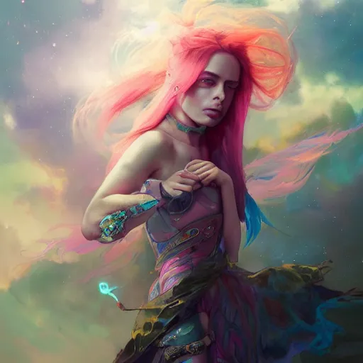 Prompt: an epic vibrant mixed pastels and watercolor painting of a beautiful enchanting female billie eilish cyberpunk sorceress in the high clouds, lomo effect, cgsociety # conceptart cg, # oc, by stephanie hans by peter mohrbacher by charlie bowater by ashley wood