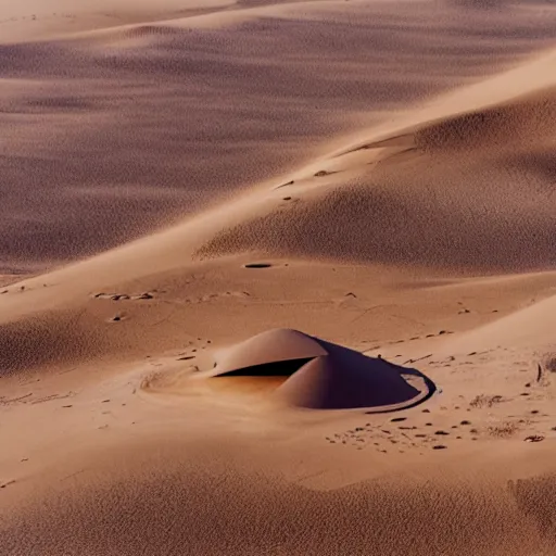 Prompt: A house designed by Norman Foster in the middle of the sahara desert. Aerial View. Film Grain, cinematic. Brown sand. Full color. Magic Hour.