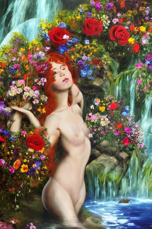 Prompt: oil painting, social realism, cave with waterfall, redheaded girl wearing a hat of flowers and dress of fresh flowers, decorated with flowers, roses, lilies, chrysanthemums, irises, water drops, water jets, overhead light, salvador dali style 4 k, 8 k