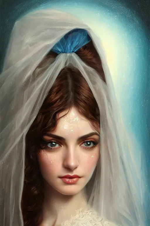 Prompt: ameera al taweel, bright blue eyes, long wavy black hair, white veil, closeup, cinnamon skin color, elegant, highly detailed, centered, oil painting, artstation, concept art by tom bagshaw