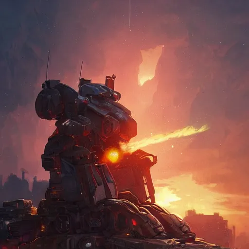 Prompt: portrait of timberwolf battlemech on fire, battle damage, sunset glow around head, full body portrait, intricate, elegant, highly detailed, digital painting, artstation, concept art, smooth, sharp focus, illustration, art by artgerm and greg rutkowski and alphonse mucha, background is a city in ruins