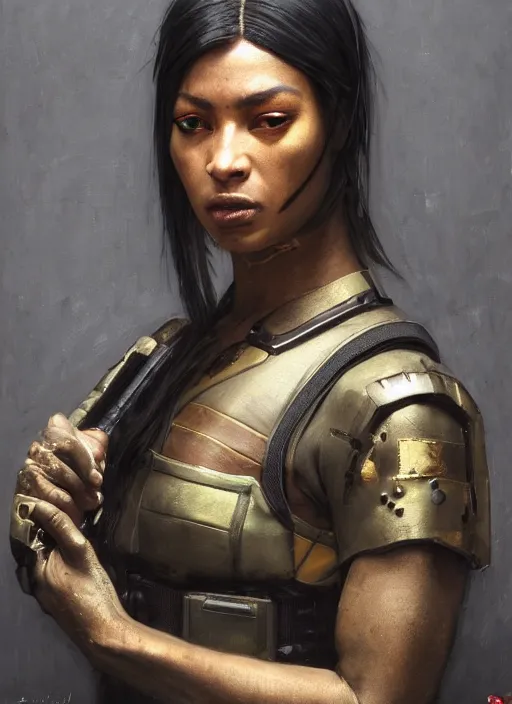 Image similar to Katana. beautiful cyberpunk soldier wearing a military vest and military jumpsuit (cyberpunk 2077). gorgeous african face. Iranian orientalist portrait by john william waterhouse and Edwin Longsden Long and Theodore Ralli and Nasreddine Dinet, oil on canvas. Cinematic, hyper realism, realistic proportions, dramatic lighting, high detail 4k