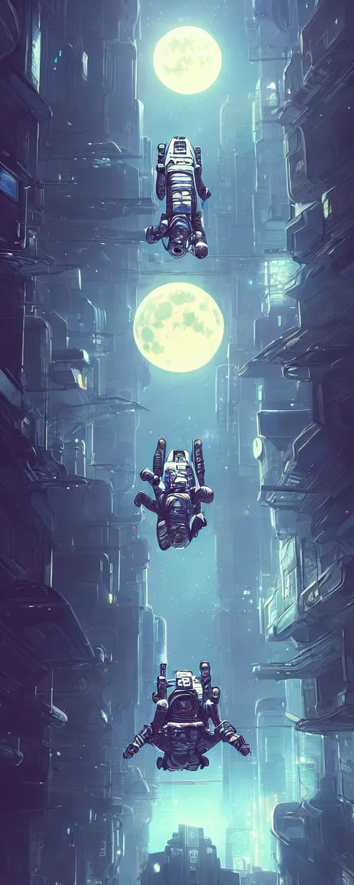 Image similar to A picture of an astronaut floating upside down in a cyberpunk surreal city with a full moon by Jordan Grimmer, Jean Giraud and Neil Blevins trending on artstation