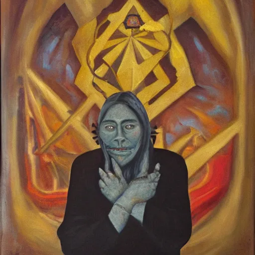 Image similar to portre of an autistic demon, masonic and kabalistic symbols in background, oil painting, on canvas