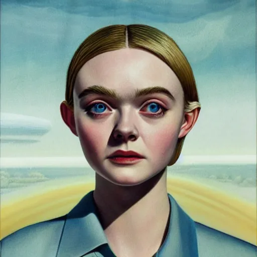 Image similar to professional painting of Elle Fanning in the style of Chesley Bonestell, head and shoulders portrait, symmetrical facial features, smooth, sharp focus, illustration, intricate, stormy weather, extremely detailed masterpiece,