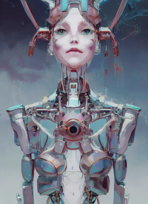 Image similar to surreal gouache painting, by yoshitaka amano, by ruan jia, by conrad roset, by Kilian Eng, by good smile company, detailed anime 3d render of a female mechanical android maid, portrait, cgsociety, artstation, modular mechanical costume and headpiece, retrowave atmosphere